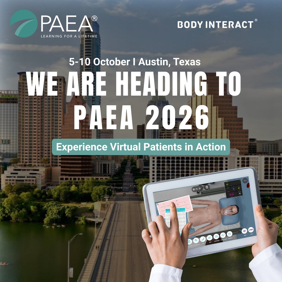BodyInteract's tweet photo. Austin, here we come! 🤠 Joining #PAEA2026 ?
Stop by our booth to test your clinical decision-making live with Body Interact Virtual Patients! 🩺
📅 Oct 5–10 | Hilton Austin 🔗 Pre-book a meeting with us: https://t.co/KQj2sgwSCO https://t.co/7pMKDb8Gvp