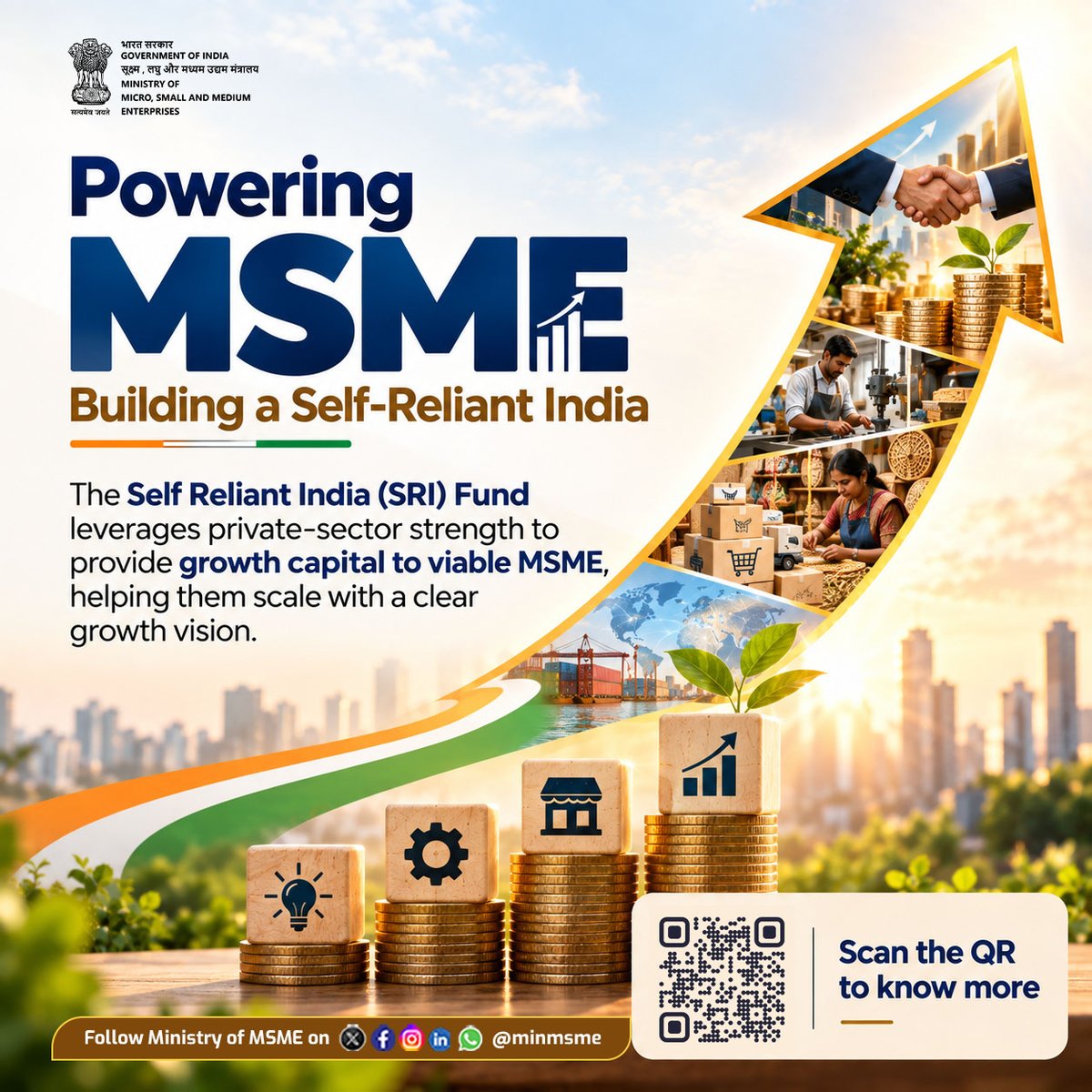 minmsme's tweet photo. The SRI Fund leverages private-sector strength to provide growth capital to viable MSMEs—helping them scale, innovate and become future-ready.

#UdyamiBharatViksitBharat #MSME #entrepreneur #employment #empowerment https://t.co/a5qQyx4ZeN