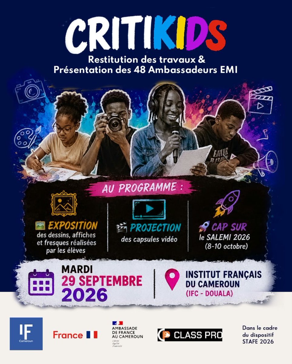 ClassPro_237's tweet photo. C'est le grand jour de la restitution. Nos 48 ambassadeurs partageront leur apprentissage et production.

​#CritiKids2026 #ClassPro #STAFE2026 #IFCDouala #Restitution #AmbassadeursEMI #EspritCritique #Douala https://t.co/ZuHuvKUsIy