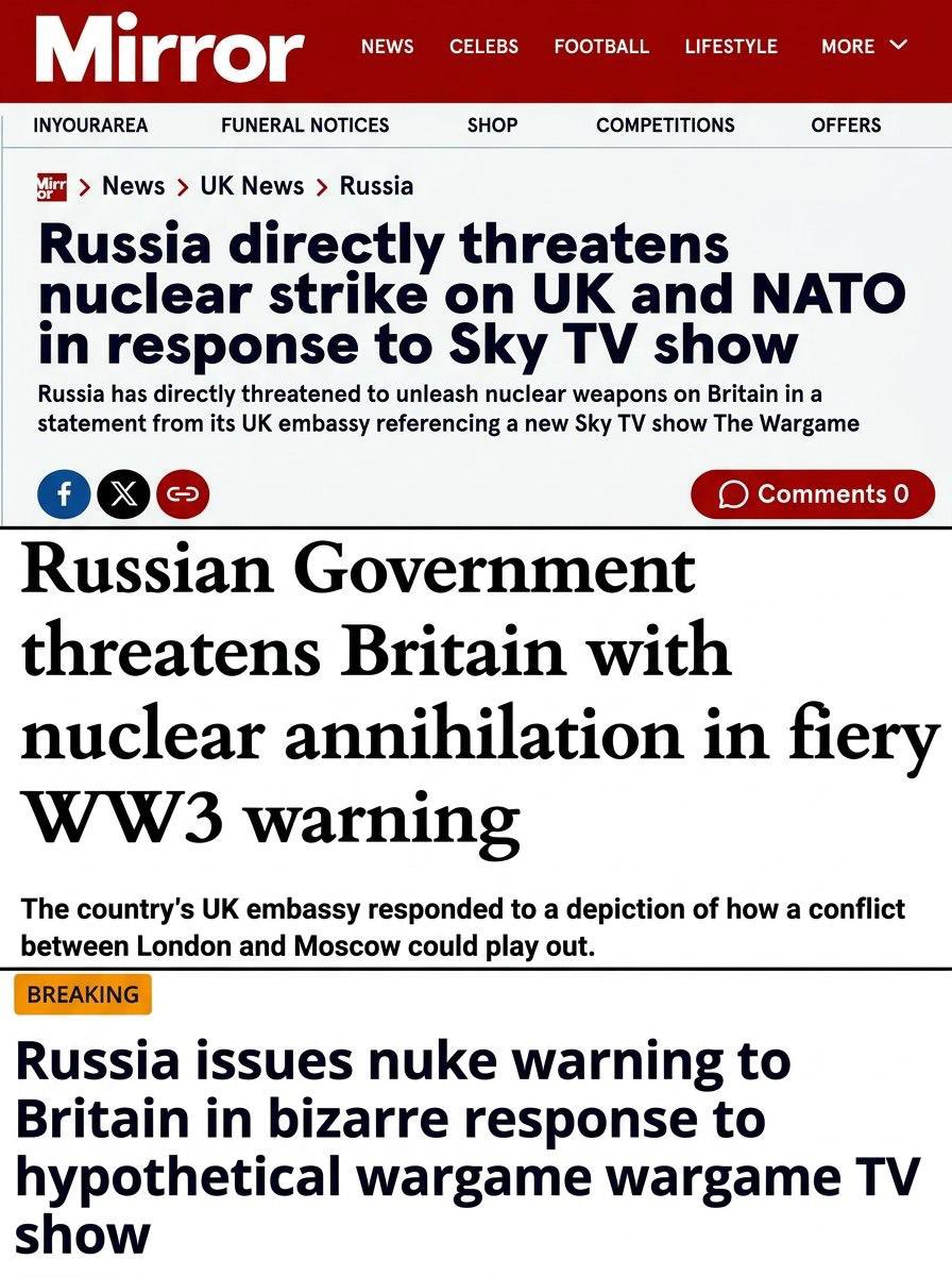 M_Simonyan's tweet photo. The British media decided to play a little game of ‘let's pretend we’re going to war,’ terrifying their audience with fantasies of a clash with Russia. 

The Russian Embassy politely warned them: “Any British or NATO military action against Russian territory would be met with a response using all means at Russia’s disposal, including nuclear weapons.”

And now, of course, the press is in a full-blown panic because their innocent little ‘entertainment’ was ‘misunderstood’.