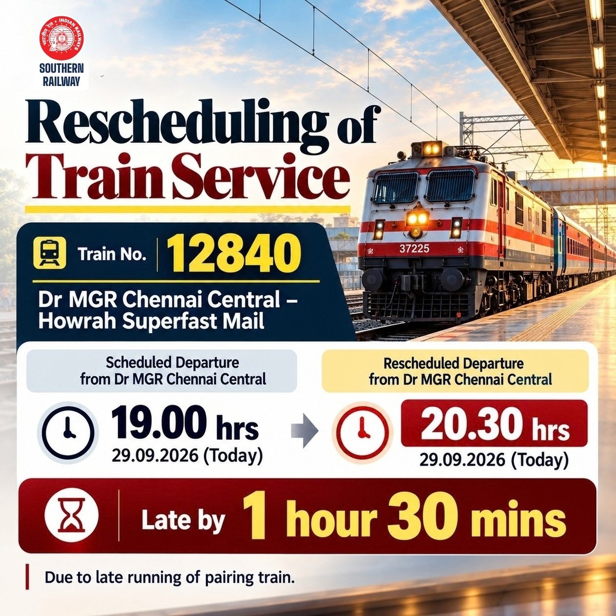 GMSRailway's tweet photo. ⏰Dr MGR #Chennai Central – Howrah Superfast Mail (12840) rescheduled to depart at 20.30 hrs instead of 19.00 hrs due to late running of pairing train.
Inconvenience regretted.
#SouthernRailway #IndianRailways #Superfast #Travel https://t.co/7ezlBgjz24
