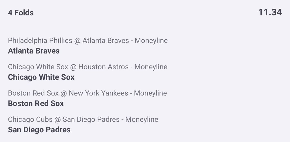 RendyPicks's tweet photo. MLB PLAYOFF PARLAY ⚾️ 

Braves ML
White Sox ML
Red Sox ML
Padres ML

@ 11.34 (+1034) 🧯 https://t.co/0j614kOeJB