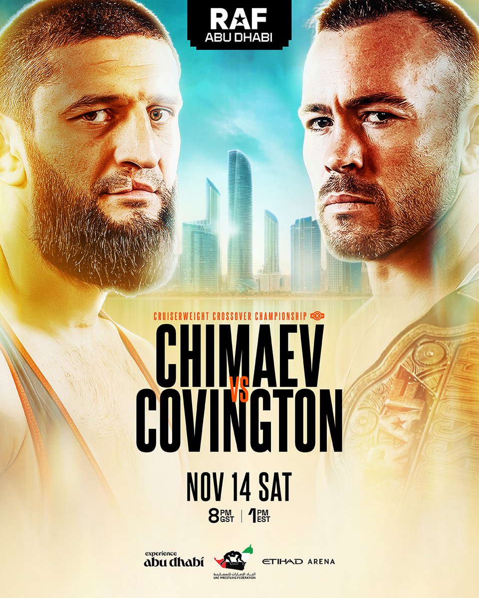 mma_orbit's tweet photo. 🚨| OFFICIAL: Khamzat Chimaev will take on Colby Covington in the main event of #RAFAbuDhabi on November 14th. 👀🤼‍♂️

The match will be for the RAF Cruiserweight Crossover Championship. 🏆 https://t.co/CtgovGGBzQ