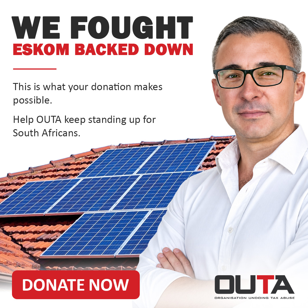 OUTASA's tweet photo. 🚨ESKOM BACKED DOWN.

OUTA challenged Eskom over its solar registration threats, and key threats have now been dropped. 
This is what we can achieve with your support.

 Help OUTA keep fighting for South Africans. 

Join the fight by donating on: 
https://t.co/nPe0X6ALgn https://t.co/9Whrt8i0Nq