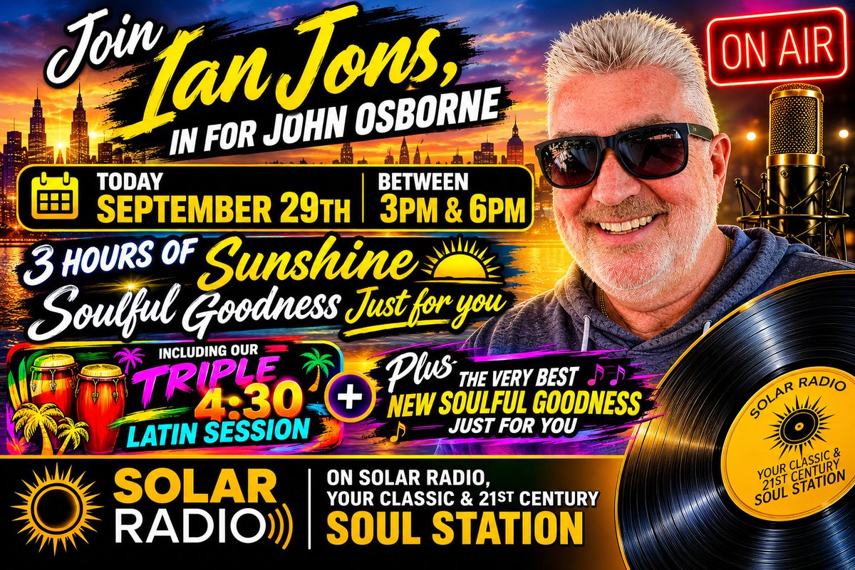Essentialrhythm's tweet photo. Join me Ian Jons as I sit in for the wonderful John Osborne on @solarradio between 3 &amp; 6pm for 3 hours of Sunshine Soulful Goodness including a TRIPLE Latin session around 4:30 &amp; loads of great new music
I'd love it if you could pop in! https://t.co/Rrz1HU726I