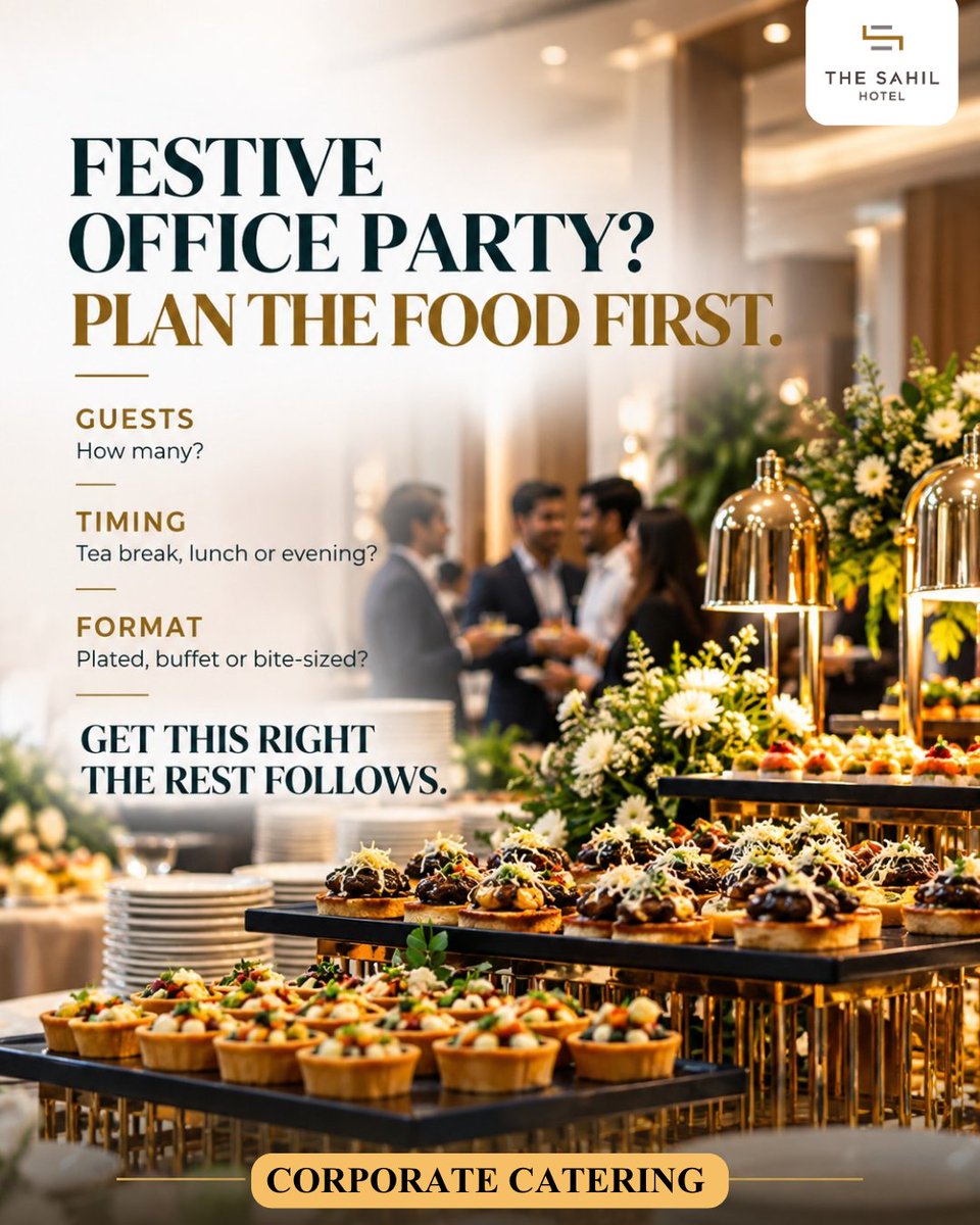 TheSahilHotel's tweet photo. Planning a festive office party? Start with the food: guest count, timing and format (plated, buffet or bite-sized). Corporate catering by The Sahil Hotel, Mumbai Central. Book today.

#CorporateCatering #MumbaiEvents https://t.co/SlSPw4oVOM