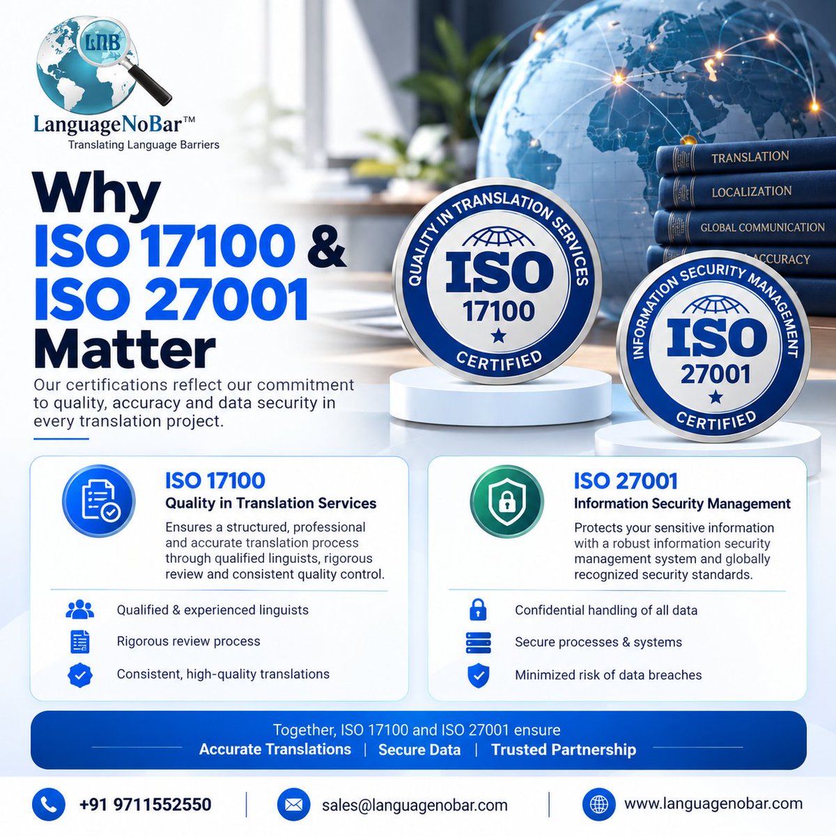 LanguageNoBar's tweet photo. Quality. Accuracy. Security. 🌐
At LanguageNoBar, ISO 17100 &amp; ISO 27001 reflect our commitment to delivering reliable translation services while protecting your sensitive information.
Build global communication with confidence.
#LanguageNoBar #ISO17100 #ISO27001 https://t.co/ZanxqF7hJE