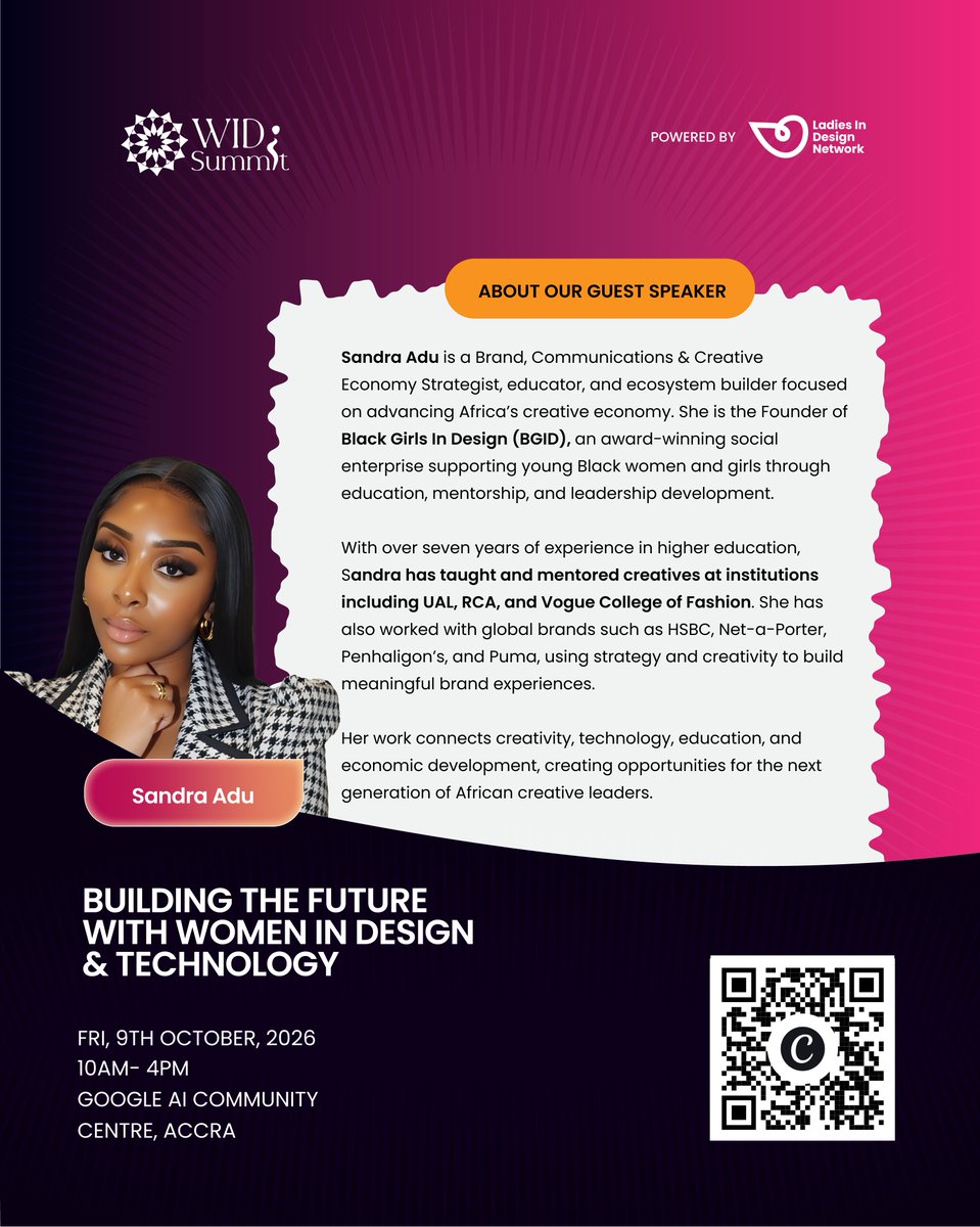 Lidn__'s tweet photo. Our Guest Speaker is Sandra Adu! Weβre excited to welcome Sandra Adu to #WIDS2026!
π Friday, 9th October 2026
π Google AI Community Centre, Accra
β° 10AM β 4PM
#WIDS2026 #WomenInDesignSummit #LadiesInDesignNetwork #WomenInDesign https://t.co/rclCUMBcHi