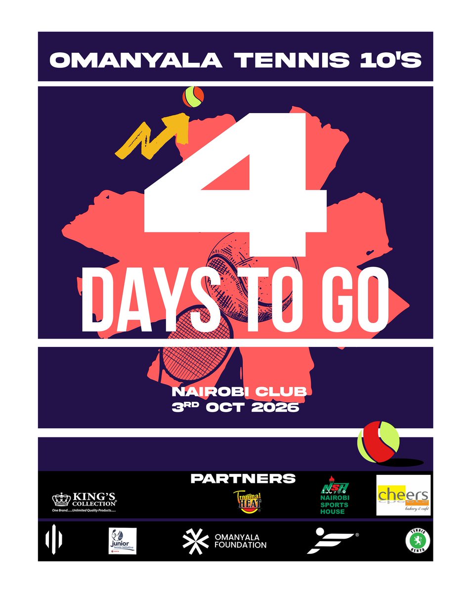 _omanyalaF's tweet photo. The countdown is getting real! ⏳

In just 4 days, the Omanyala Tennis 10s 2026 takes over Nairobi Club

📅 3 October 2026
📍 Nairobi Club

📝 Registration closes tomorrow, 30 September!
👉🏾 Register via link in bio 
@Ferdiomanyala 
#OmanyalaFoundation
#IdentifyNurtureMonetize https://t.co/4WWbyEwlYr