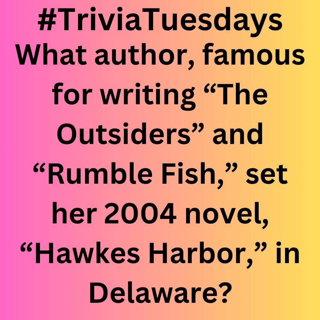 ScifiWhiteley's tweet photo. #triviatuesday #writer #author #writerlife #authorlife #authorslife #writerslife #trivia #TriviaTime #trivianight #triviachallenge #TriviaFun #TriviaAddict #books #book #literaturetrivia #booktrivia #booklover #bookworm #booklovers #bookworms
Answer: S.E. Hinton https://t.co/u6F7slzUXg