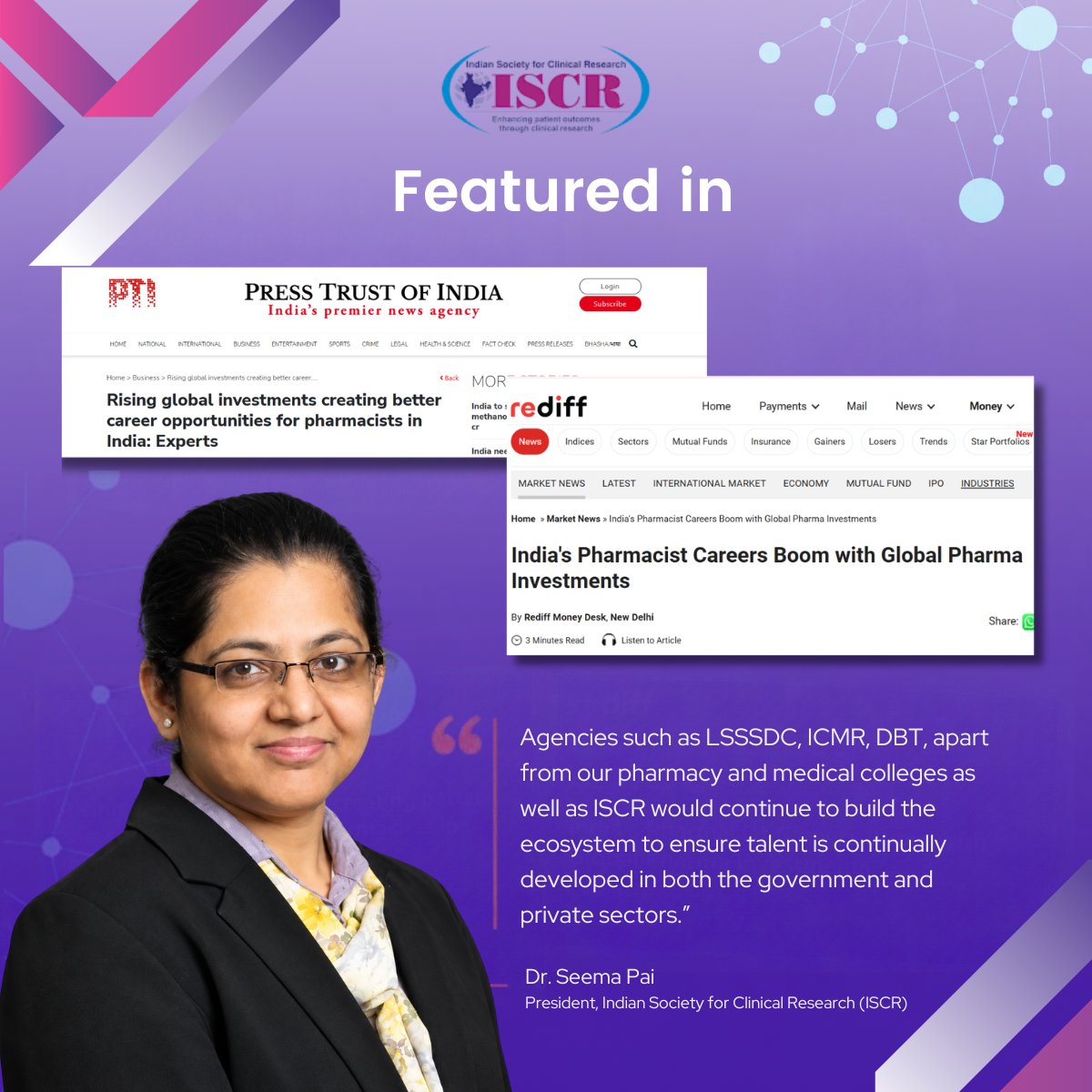 iscrindia's tweet photo. 📰 On World Pharmacists Day, Dr. Seema Pai, President, ISCR, shared her perspective with PTI: "Agencies such as LSSSDC, ICMR, DBT... as well as ISCR would continue to build the ecosystem to ensure talent is continually developed."

Read: https://t.co/6Rp5f2JwgQ https://t.co/Su2SiaiQ9R