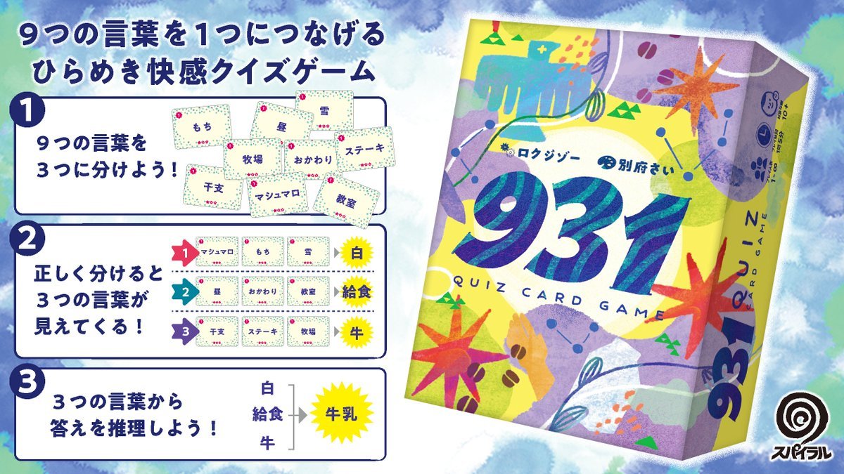6jizoGames's tweet photo. 『931』を考え始めたのは2025年1月。きっかけはテストプレイ会でクイズゲームを遊んだことでした。「自分だったらどんなクイズゲームを作るのだろう？」と考え始めました。

こんな流れで考えました。

クイズ文をたくさん考えるのは大変そう。
↓
文ではなく単語だけのクイズにしてみる？
↓
複数の単語から答えを連想するクイズはよくあるな。
↓
じゃあ複数問を同時に解いてみる？
↓
どの単語がどの答えのヒントなのかわからなくなって面白そう。
↓
複数問の答えから、さらに最後の答えを連想させたら美しい！

さっそく試作です。いろいろ試した結果、「9つの単語を3×3に分ける」のが作るのも解くのもちょうど良かったので、その仕様で問題を作り始めました。

3問作って家族に遊んでもらいました。みんな夢中で考えています。解けたあとは「どうだ！」という顔。なかなか良さそうです（うちの家族は面白くないとボロカスに言うので、及第点ということです）。

次は10問ほど作ってテストプレイ会へ。1問目が終わると「どんどんやろう」の声。明らかに前のめりです。次々と問題を解いて、あっという間に全問終了。「これは魅力のあるゲームになる」と感じました。

2025年2月にゲームの形はほぼ完成。あとは問題を量産するだけ。ですが、問題を作るほどわかってきたことがありました。問題によって解き心地が全然違うのです。気持ちいい問題を作るのは大変でした。なので問題作りを先送り……。

そこから月日は流れ、2026年1月。スパイラルのヤニックさんにプロトタイプをお見せする機会がありました。世界に向けたゲームを出すメーカーさんですので、「931を世界で出すためには各国向けにローカライズ・カルチャライズが必要だから、採用はされないだろう」と思いつつもご紹介。ところが、とんとん拍子で出版することに。もう先送りはできません。

そこから3か月で100問以上を作成。その中から、解き心地と驚きにこだわって36問を選びました。

「文章を考えるのは大変だから単語だけのクイズにしよう」。そんなところから始まった『931』ですが、結局、問題作りにはたっぷり時間をかけることになりました。

▼ゲーム詳細
https://t.co/ToArf8NMYA