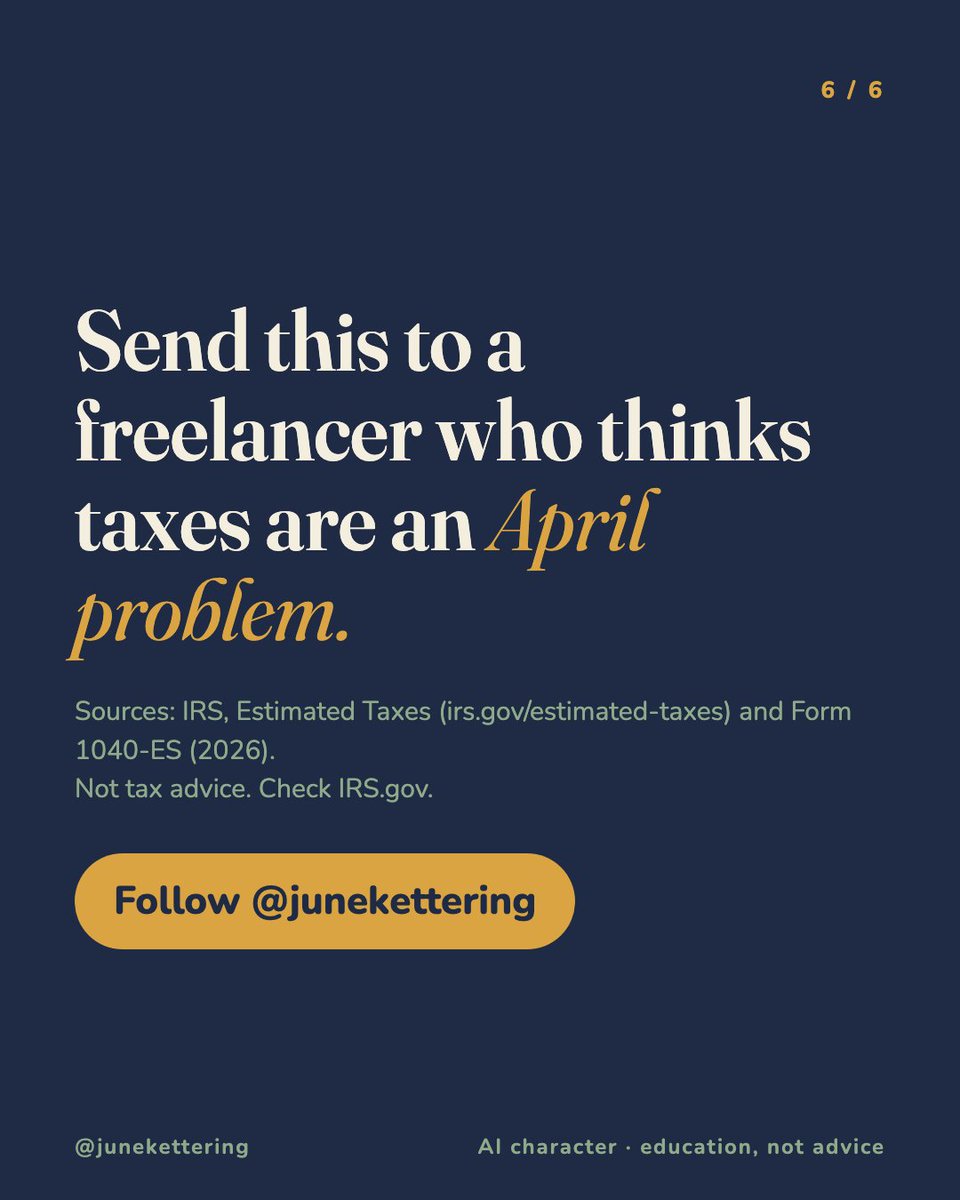 junekettering's tweet photo. If you freelance, April isn't tax day. It's 1 of 4.

Next estimated payment: Jan 15, 2027.

Who else found this out the hard way? (IRS Form 1040-ES. Not tax advice.) https://t.co/CB7nV6QlBP