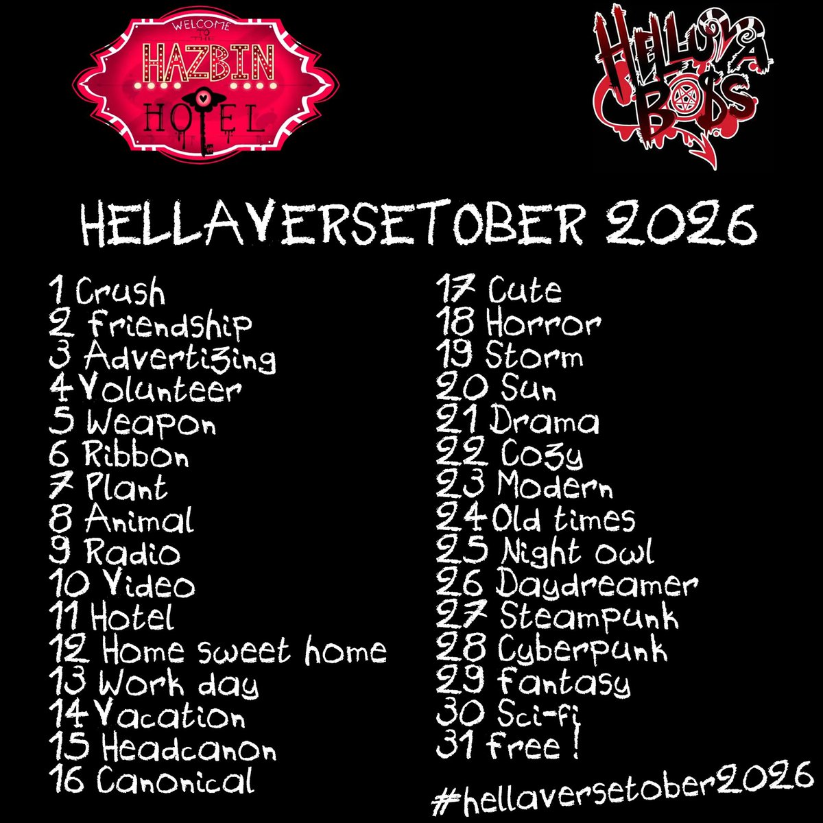 hellaversetober's tweet photo. There you go the #hellaversetober2026 ! Hope to see some of you around even tough they are now an official list for helluva 

#inktober #helluvaboss #hazbinhotel #hellaversetober2024 #hellaversetober2025 https://t.co/LQnsOHZphQ