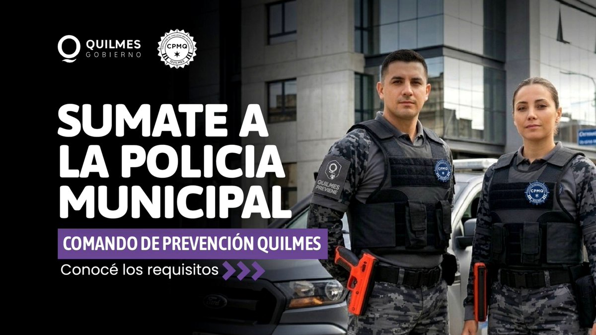 gaspodestefano's tweet photo. SUMATE A LA NUEVA POLICÍA MUNICIPAL 👮‍♂️🚔

Hasta el 31 de Octubre se encuentra abierta la inscripción para incorporarse al Comando de Prevención Municipal Quilmes #CPMQ

Si cumplís con los requisitos de admisión, inscribirte acá 👇https://t.co/QDJfTxqEUF 

#SeguimosParaAdelante ☀️ https://t.co/av6Ndga93E