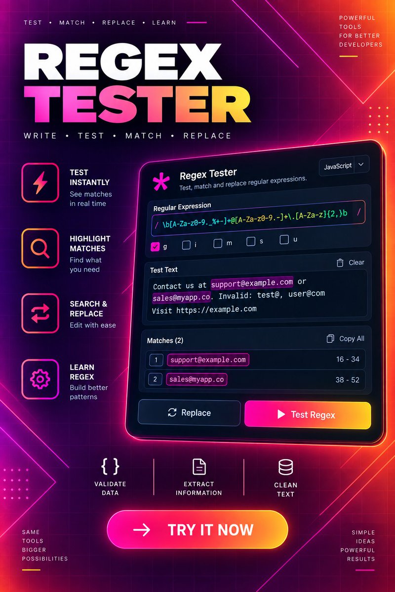QuickHexCalc's tweet photo. Test your Regex instantly ⚡
Find matches, validate patterns & debug expressions faster — free and easy to use.
#Regex #DevTools #WebDev #Coding https://t.co/u57oE5uvpC
