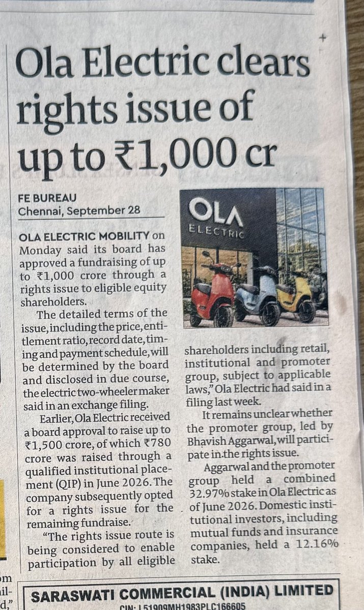 sustainme_in's tweet photo. Ola Electric's ⚡🛵🔋board has approved fundraising of up to **₹1,000 crore** through a rights issue to eligible equity shareholders.

#OlaElectric #EVs #RightsIssue #StockMarket https://t.co/F9zSFEvaac