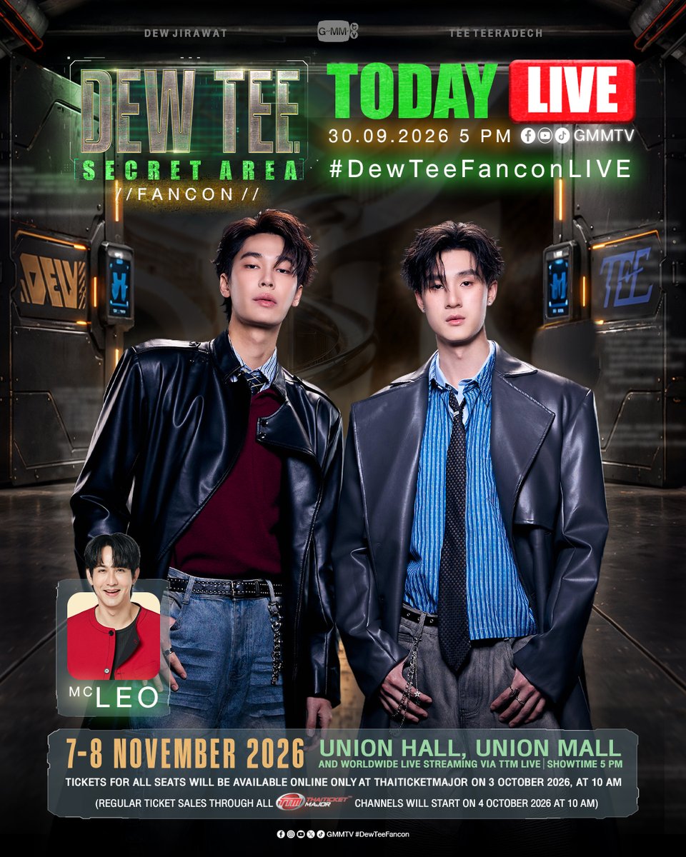 GMMTV's tweet photo. TODAY LIVE | #DewTeeFancon
เตรียมพบกับ “ดิว-ธี” มาพูดคุยและเตรียมความพร้อมก่อนกดบัตร DEW TEE SECRET AREA FANCON 🤫 แล้วเจอกันนะครับ

📌 30 SEP 2026 | 5 PM
ทาง YouTube/ Facebook/ TikTok : GMMTV

🗓️ 7-8 NOVEMBER 2026
📍Union Hall, Union Mall
And worldwide live streaming via TTM LIVE

📌 TICKETS FOR ALL SEATS WILL BE AVAILABLE ONLINE ONLY AT ThaiTicketMajor ON 3 OCTOBER 2026 AT 10 AM
(Regular ticket sales through all ThaiTicketMajor channels will start on 4 OCTOBER at 10 AM)

🔗 MORE INFO : https://t.co/KqpFxXEuNJ

#GMMTV 
@dew_jsu @vitheepanich