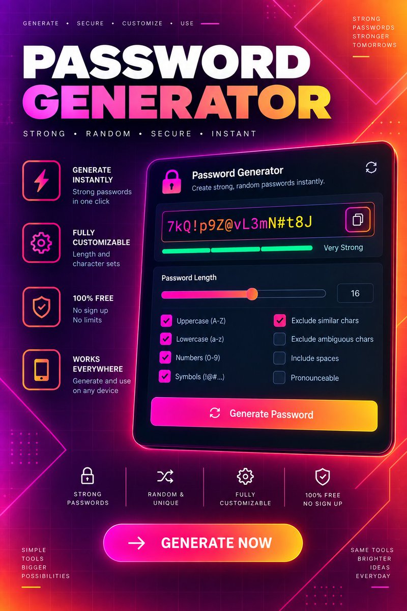 QuickHexCalc's tweet photo. Need a strong password? 🔐

Generate secure, random passwords instantly — free, customizable &amp; no sign-up.

#PasswordGenerator #DevTools #CyberSecurity #WebDev https://t.co/XVIhQfpidU