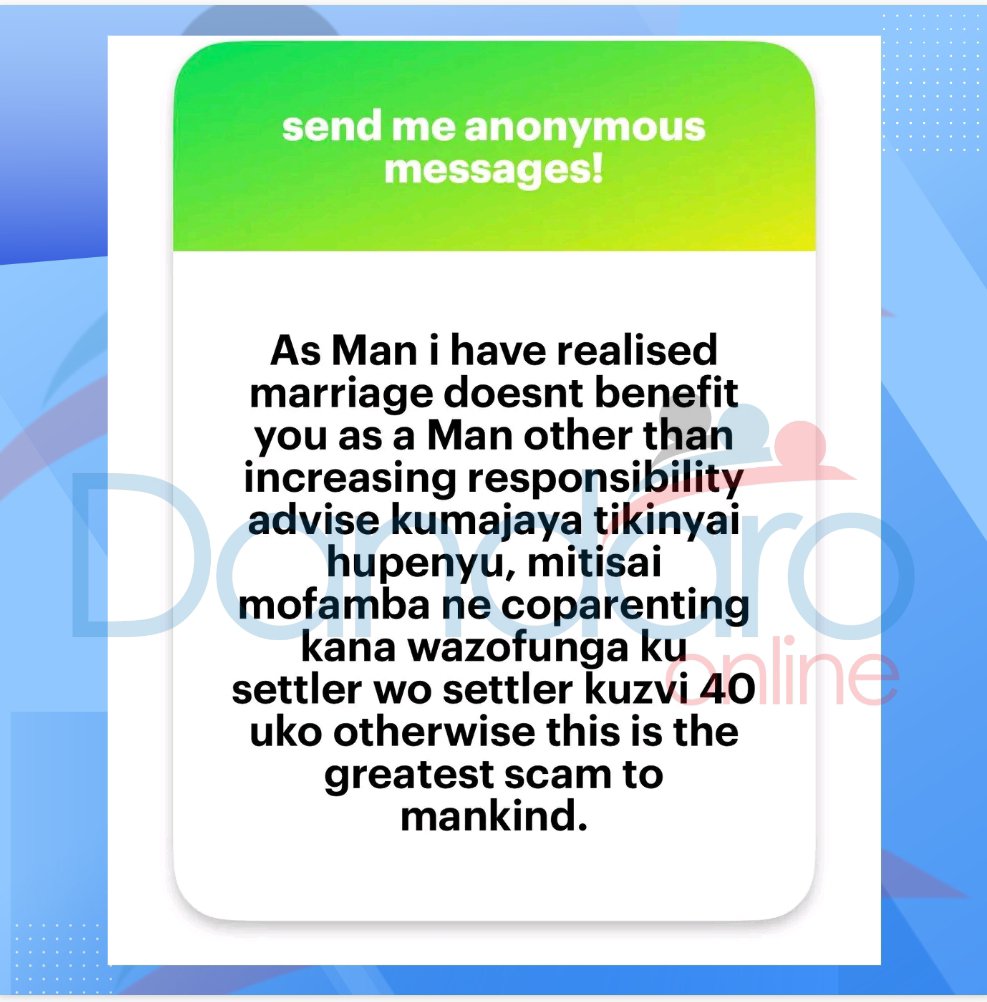 DandaroOnline's tweet photo. #dandaroconfessions "Marriage doesn't benefit men", ichokwadi here ichi? ...🙌🏾💯✔️
Send your confessions here:
https://t.co/uU6gxI9IYz
Send your Anonymous Messages on WhatsApp:
https://t.co/vKzxI4F0fq
Follow our WhatsApp Channel:
https://t.co/N7thWVcn68 https://t.co/oB2FQfuaVO