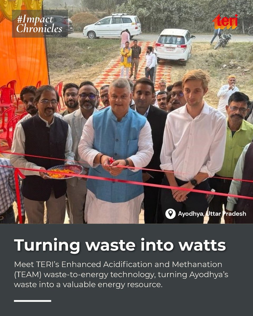teriin's tweet photo. ♻️ #ImpactChronicles | Turning Waste into Watts
In Ayodhya, Uttar Pradesh, TERI's Enhanced Acidification and Methanation (TEAM) technology is demonstrating the potential of converting the organic fraction of municipal solid waste into clean energy. The pilot project showcases how innovative waste-to-energy solutions can help address urban waste challenges while supporting sustainable energy generation.
To know more about the project, visit: https://t.co/QJgsTqHbFp
#WasteToEnergy #CircularEconomy #CleanEnergy #Sustainability #Innovation #UrbanWasteManagement