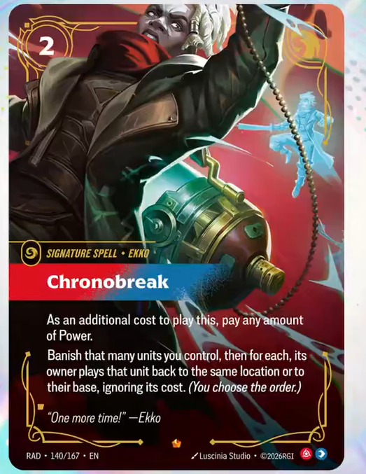 RiftboundReport's tweet photo. Ekko's Signature Spell, Chronobreak has been revealed by @RazorkLoL! ⏳

#RBRadiance https://t.co/KyNK7VaLHl