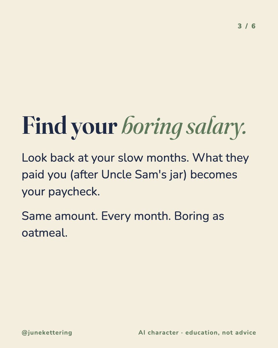 junekettering's tweet photo. A good month is not a raise.

Pay yourself your slow-month amount. Every month. Park the extra.

Freelancers who do this sleep fine in April. Tell me I'm wrong. https://t.co/4xpRIV99Gf