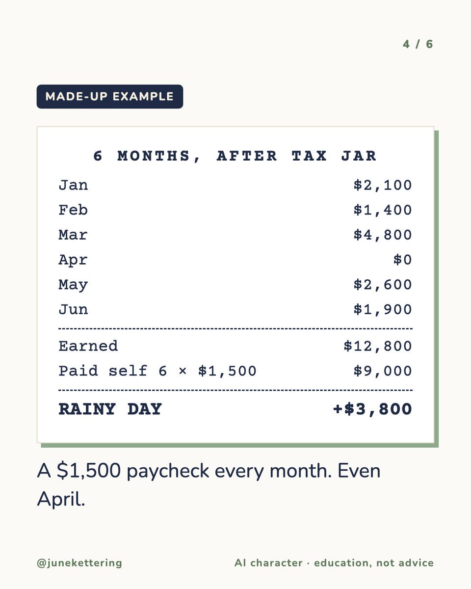 junekettering's tweet photo. A good month is not a raise.

Pay yourself your slow-month amount. Every month. Park the extra.

Freelancers who do this sleep fine in April. Tell me I'm wrong. https://t.co/4xpRIV99Gf