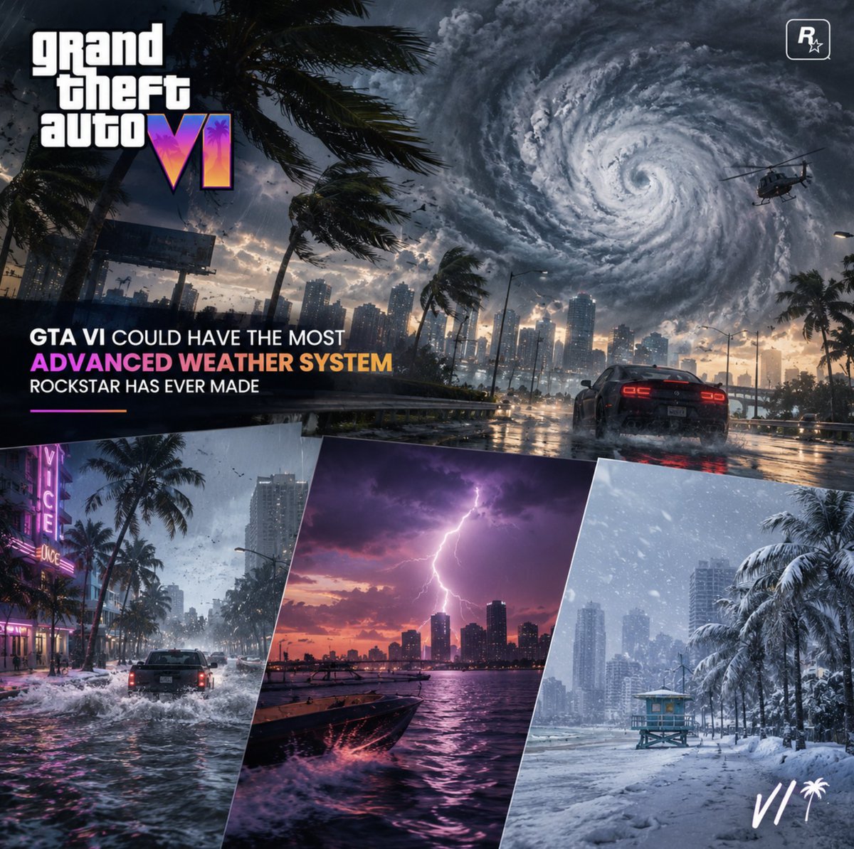 GTA6Digest's tweet photo. GTA VI could have the most advanced weather system Rockstar has ever made

A Game Informer journalist who spoke directly with Rockstar says players can expect hurricanes and other extreme weather events that actually affect the world around you.

Major storms could change how you move around the map and even temporarily impact certain areas.

And who knows - maybe some parts of Florida could even see snow 👀 Rockstar has already played around with similar ideas in Red Dead Redemption 2, so it's not impossible.