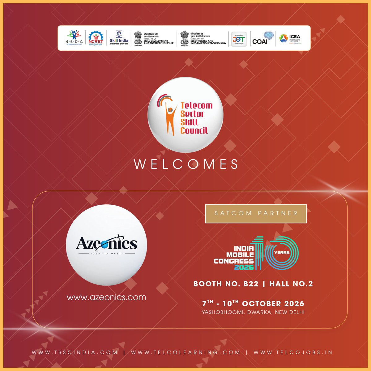 TSSCINDIA's tweet photo. TSSC announces Azeonics as Satcom Partner at #IMC2026, advancing satellite, aerospace, drone manufacturing, skilling and SpaceTech innovation. 

@exploreIMC 

#satcom https://t.co/GU8gYVMdGd