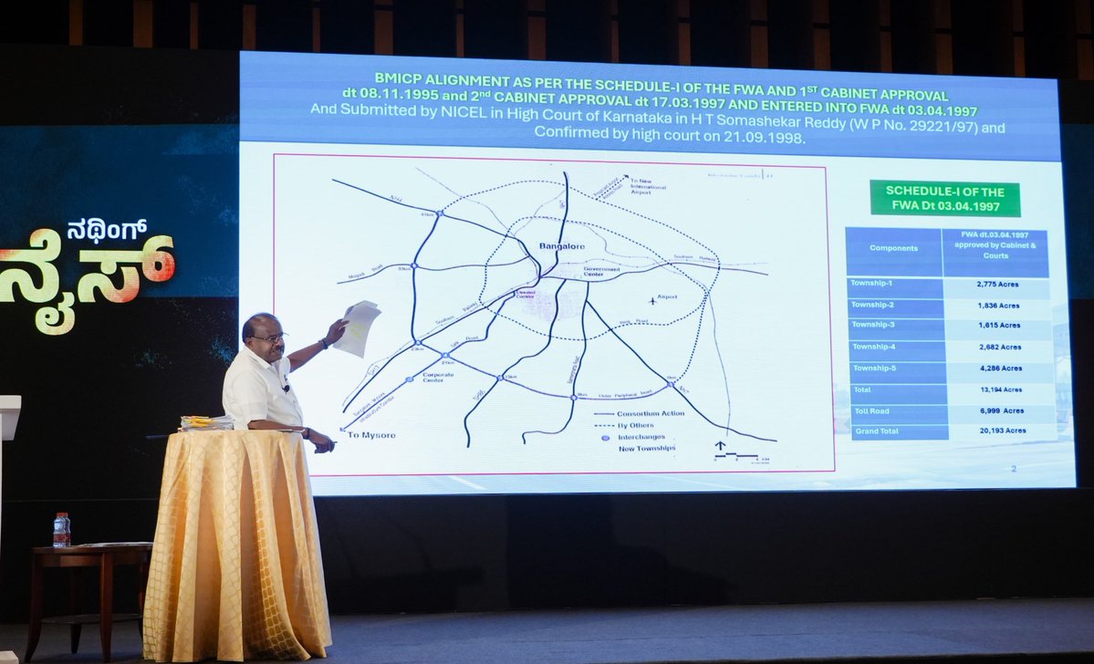 KeypadGuerilla's tweet photo. HD Kumaraswamy alleges CM DK Shivakumar misused his office to alter the BMIC project alignment and land plan without Cabinet approval.

He alleges land requirements were increased from around 2,173 acres to 2,700 acres and claims Shivakumar’s family members purchased notified land.

Kumaraswamy demands the project be scrapped and acquired land returned to farmers.

#Karnataka #Bengaluru