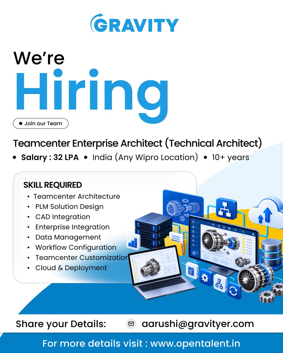 Techgravityer's tweet photo. 🚀 We’re Hiring | Teamcenter Enterprise Architect
10+ Years | Up to 32 LPA | India – Any Wipro Location

Skills: Teamcenter, PLM, CAD Integration, Enterprise Integration, Data Management, Workflow, Customization &amp; Cloud.
📩 aarushi@gravityer.com
🌐 https://t.co/xPjQC5vvnj https://t.co/CMkENsroi0