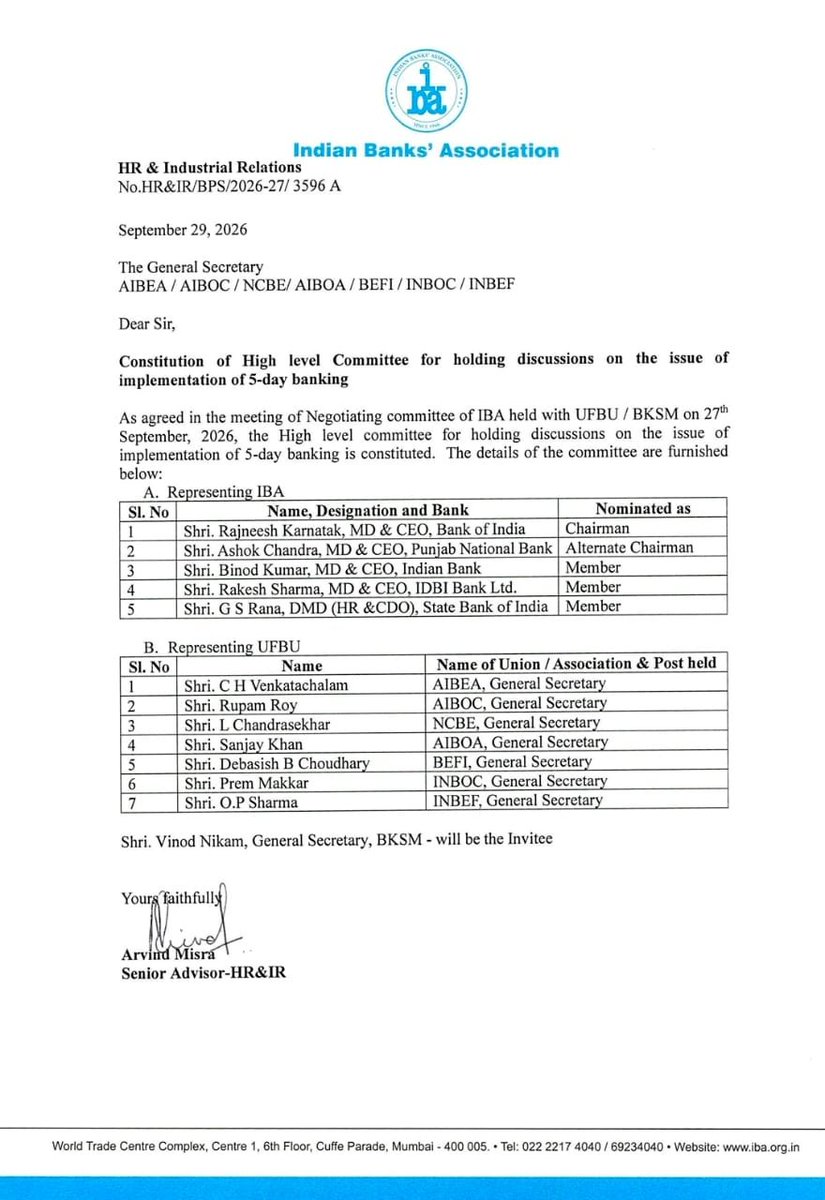 sbioamumbai's tweet photo. Dear Comrades,

​Crucial Update on 5-Day Banking Implementation  
​The IBA has officially constituted a High-Level Committee comprising representatives from both the IBA and UFBU to hold detailed discussions on implementing 5-day banking in banks.  

​SBIOA (Mumbai Metro Circle) https://t.co/RkpzpRSg3b