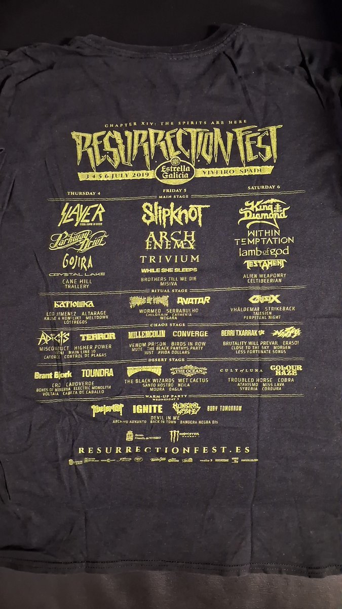 DavidGTato's tweet photo. #Metalshirt #ResurrectionFestEG2019 #TheSpiritsAreHere #Slayer #ArchEnemy #KingDiamond #Slipknot #LambOfGod #Testament #WithinTemptation #CradleOfFilth #Gojira #ParkwayDrive #Trivium #WhileSheSleeps #BerriTxarrak #CrystalLake #Vhaldemar #Serrabulho #Crisix #Toundra #Avatar https://t.co/jrBqbZ4PQi