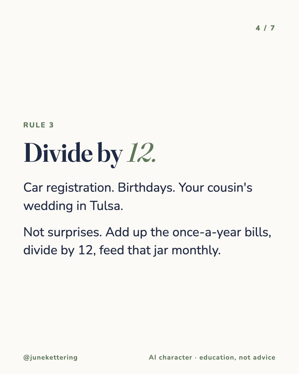 junekettering's tweet photo. Grandma's 5 money rules:

1. Midnight cart? Wait 48 hours
2. Got a raise? Half to a jar
3. Yearly bills ÷ 12, saved monthly
4. Wouldn't sign up today? Cancel
5. 10 minutes every Sunday

Which one do you break? https://t.co/18NBB9dLcB