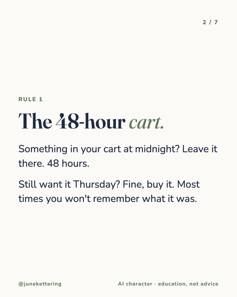 junekettering's tweet photo. Grandma's 5 money rules:

1. Midnight cart? Wait 48 hours
2. Got a raise? Half to a jar
3. Yearly bills ÷ 12, saved monthly
4. Wouldn't sign up today? Cancel
5. 10 minutes every Sunday

Which one do you break? https://t.co/18NBB9dLcB