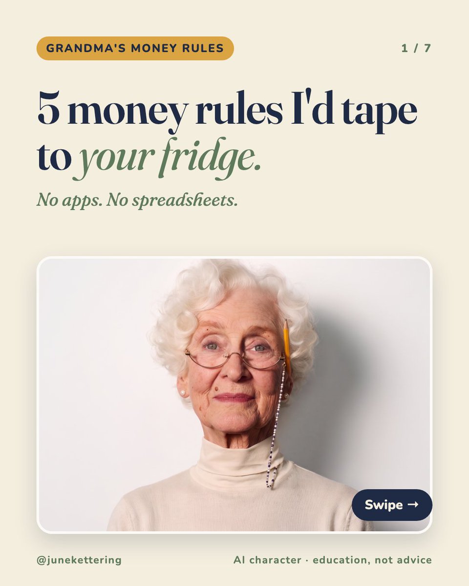 junekettering's tweet photo. Grandma's 5 money rules:

1. Midnight cart? Wait 48 hours
2. Got a raise? Half to a jar
3. Yearly bills ÷ 12, saved monthly
4. Wouldn't sign up today? Cancel
5. 10 minutes every Sunday

Which one do you break? https://t.co/18NBB9dLcB