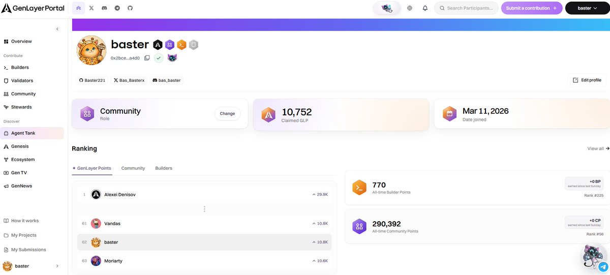 Bas_Basterx's tweet photo. A contribution should leave a trail, not just a notification.

That is what I like about the @GenLayer Portal. It gives participation a place to live. Create an account, link your X, Discord and GitHub, then complete missions, join contests, or submit builder work.

The point is not simply seeing a leaderboard. Each contribution is recorded against your name, with builders, community members and validators visible in the same ecosystem. Submitted work has a review path, so participation is easier to find and revisit after the conversation has moved on.

For someone new to GenLayer, I would describe the Portal as the place where curiosity becomes visible participation. The actions are clear, the work has context, and the record stays attached to the person who made it.

That is the reason I would start here:

https://t.co/eVbbY607i1

What would you submit first?