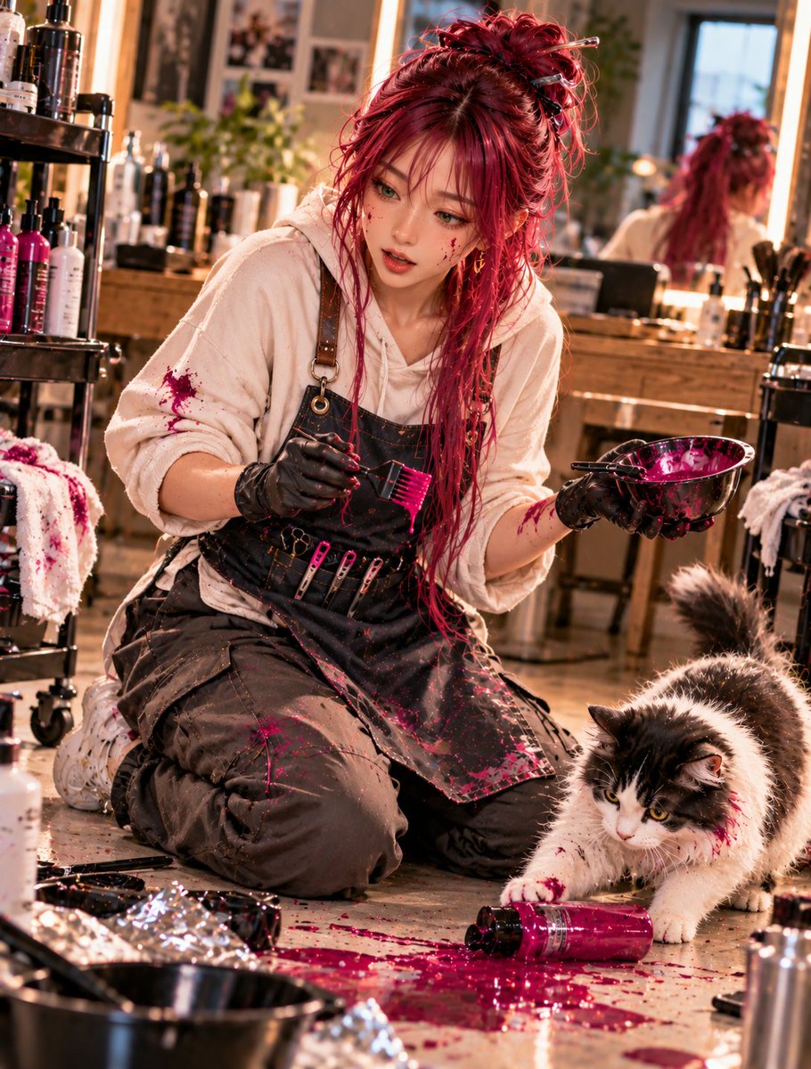 AikoLinLab's tweet photo. 🧪 EXPERIMENT #155

Su caught the culprit red-pawed. 💚🐾

Cheat insists the bottle fell by itself.
The evidence strongly disagrees. 😂

#AikosLab #SuRan #Cheat #HairDyeChaos #AIArt https://t.co/KFxNPojbcz