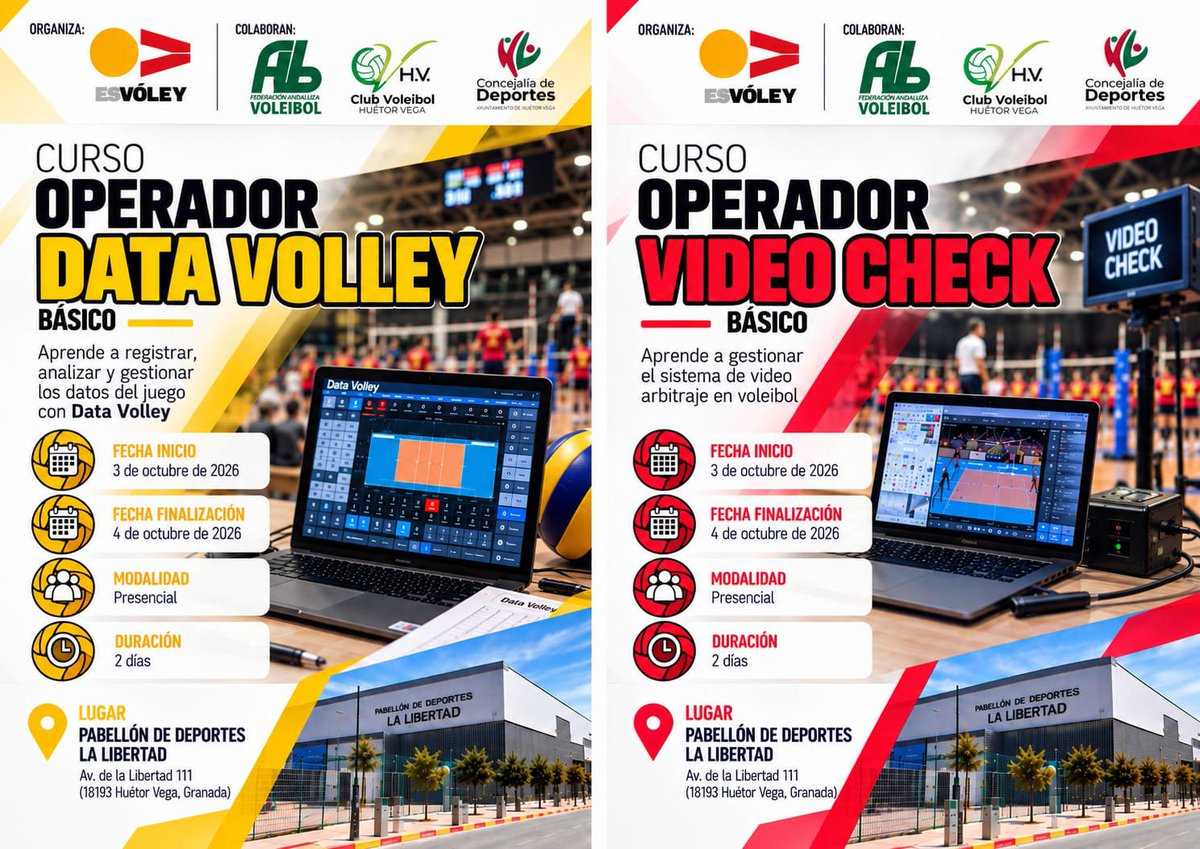 FAVB_'s tweet photo. 🏐📊 CURSO OPERADOR DATA VOLLEY BÁSICO Y VIDEO CHECK BÁSICO 

📅 3 y 4 de octubre de 2026
📍 Pabellón de Deportes La Libertad – Huétor Vega (Granada)
🎓 Modalidad presencial https://t.co/MBu6mwleQr