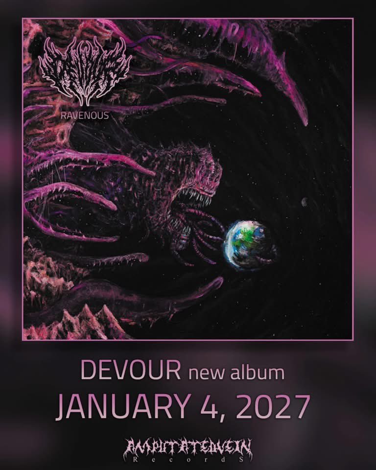 AmputatedVein's tweet photo. Devour The Fetusが改名してDevourへ。
通算3作目、Devourとしてはデビュー作となるRavenousが2027年1月4日Amputated Vein Recordsよりリリース。
Visceral Disgorgeファンはマスト。 https://t.co/3MxJoguu7c