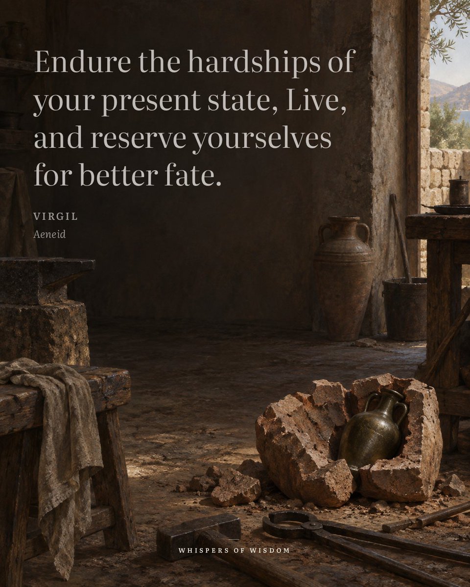 WisdomOfWhisprs's tweet photo. There’s a specific kind of courage in simply staying put. Not fixing, not fleeing—just enduring the weight of the present moment, trusting it isn’t the final chapter.

These lines from the *Aeneid* aren’t a promise that everything will be easy. They’re a reminder that survival can be an act of faith. By holding on, you reserve something for the future—your energy, your hope, your ability to meet a better day when it arrives.

The hardship is real. But so is the living that happens in spite of it. Don’t spend yourself completely on today’s struggle. Keep something in reserve. That’s not passivity; it’s prudence.

“Endure the hardships of your present state, Live, and reserve yourselves for better fate.”
— Virgil