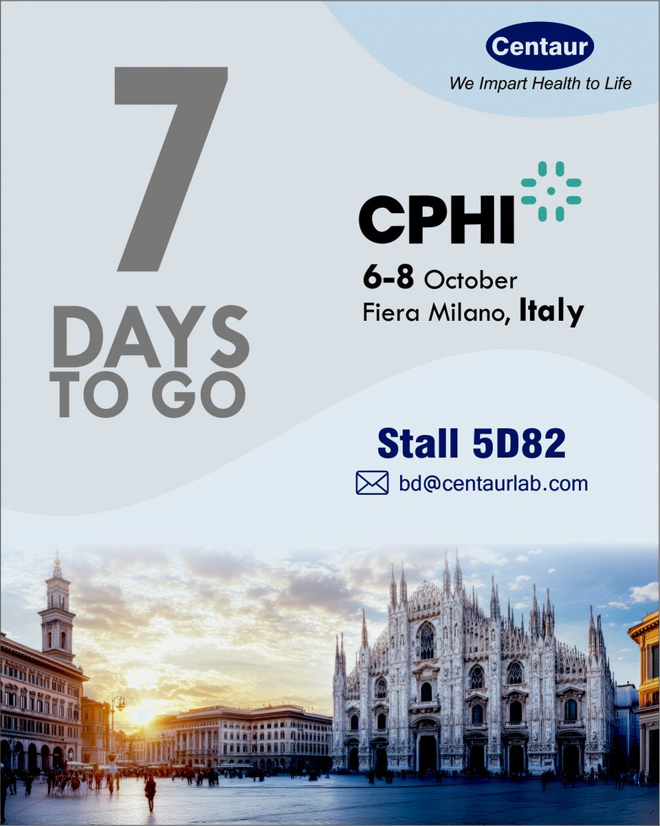 Centaur_pharma's tweet photo. 7 Days to go. One Global Healthcare Platform. Endless Opportunities.
Centaur is gearing up for CPHI Milan 2026!
Let’s connect, collaborate & shape the future of healthcare.
#CPHIMilan #CPHI2026 #Centaur #Pharma #Healthcare #GlobalPartnerships #LifeSciences https://t.co/ga6QSzKIWy