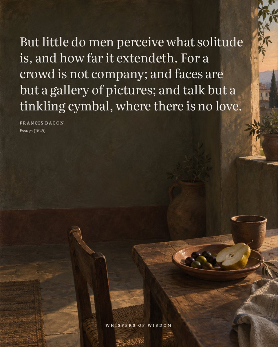 WisdomOfWhisprs's tweet photo. Most of us mistake proximity for connection. We sit in a crowded room, surrounded by voices, and still feel unseen. That is not solitude. That is merely being alone in a crowd.

Bacon saw it clearly: faces without love are just pictures on a wall. Talk without care is only noise. We can be surrounded by people and still be starving for something real.

Solitude is not the absence of people. It is the space where we stop pretending that noise counts as company. It is honest. And once we understand that, we stop fearing being alone—and start noticing when we are truly lonely even when we are not.

“But little do men perceive what solitude is, and how far it extendeth. For a crowd is not company; and faces are but a gallery of pictures; and talk but a tinkling cymbal, where there is no love.”
— Francis Bacon