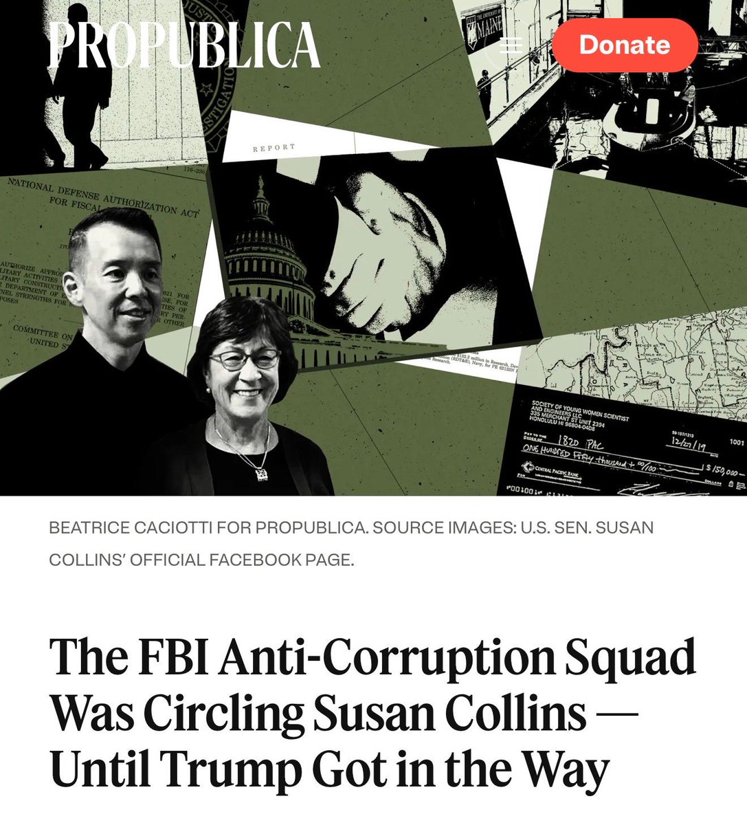 DylanRatigan's tweet photo. A former defense contractor executive described Washington in four words:

“It’s all for sale.”

He knew because he had participated in the system.

Martin Kao, the former CEO of Navatek, pleaded guilty to campaign-finance and loan fraud. Then he began explaining to federal investigators how Washington worked. His company wanted government contracts. So it hired lobbyists, cultivated members of Congress, made political contributions, opened operations in politically useful states and pursued federal appropriations.

The taxpayers supplied the money. The politicians controlled access to it. The companies supplied the campaign cash. And after the contract was awarded, the American people still had to hope the company would actually do the work.

Federal contracting is full of projects that run over budget, fail to deliver what was promised or are terminated before completion, sometimes after enormous sums have already been obligated or paid. GAO has repeatedly documented major federal projects that are delayed, over budget or fail to deliver intended improvements, and federal agencies reported nearly 40,000 contract terminations in fiscal 2024 alone.

Kao told investigators the company’s government work produced no products the military ultimately wanted to buy, according to ProPublica’s reporting.

That is the business model.

According to ProPublica’s investigation, Kao gave federal agents a 50-page account naming lobbyists, congressional staffers and members of Congress involved in what he described as a pay-to-play system. FBI agents reviewed corporate records and emails and found evidence consistent with substantial parts of his account.

One of the relationships investigators examined involved Senator Susan Collins of Maine.

Navatek wanted federal defense money. Kao and people around the company donated money into Collins’ political orbit. Collins supported federal funding for Navatek projects. ProPublica reports that FBI records showed donations, lobbying activity and federal funding requests repeatedly moving through the same network of people and communications. Collins denies any pay-to-play arrangement, and neither she nor her staff was charged.

And then something even more revealing happened.

The FBI agents pursuing the broader corruption investigation were pushed out. The Justice Department’s public-corruption operation was gutted. Agents and prosecutors left or were removed. The investigation died before the government finished answering the question it had begun asking.

That is the story.

Yesterday I wrote that the tax code is the moral code, and that the tax code is for sale.

This story shows that the tax code is only one counter in a much larger store.

Private contractors are using our tax money they were granted after bribing our government -- to secure more contracts of our money.

The contractors get rich on our dime, the politicians are paid off to do it -- and frequently the contracted work is never done or is worthless.

And when the institutions responsible for investigating corruption are themselves subject to political control, even accountability becomes part of the transaction.

We spend enormous amounts of time arguing about whether Democrats are corrupt or Republicans are corrupt.

That argument misses the architecture.

The system allows money to move toward politicians while government money moves toward the interests surrounding those politicians.

Kao apparently understood that perfectly. One former employee recalled him describing his politics this way:

“I’m not red or blue, I’m green.”

That is why our endless partisan argument is so useful to the people benefiting from the system. We argue over the jerseys while the marketplace underneath both teams continues operating.

Republicans accuse Democrats.

Democrats accuse Republicans.

Lobbyists write checks. Members of Congress raise money.

Contractors receive appropriations. Monopolies protect themselves. Consultants collect fees.

And taxpayers finance the entire machine.

Then every few years Americans are invited to choose which group will administer it.

So the cycle becomes complete.

The FBI started following the map, then the investigation disappeared.

Yesterday the tax code was for sale, today the evidence points to the larger truth:

It’s all for sale.

Subscribe: https://t.co/J9vB6EUwAt