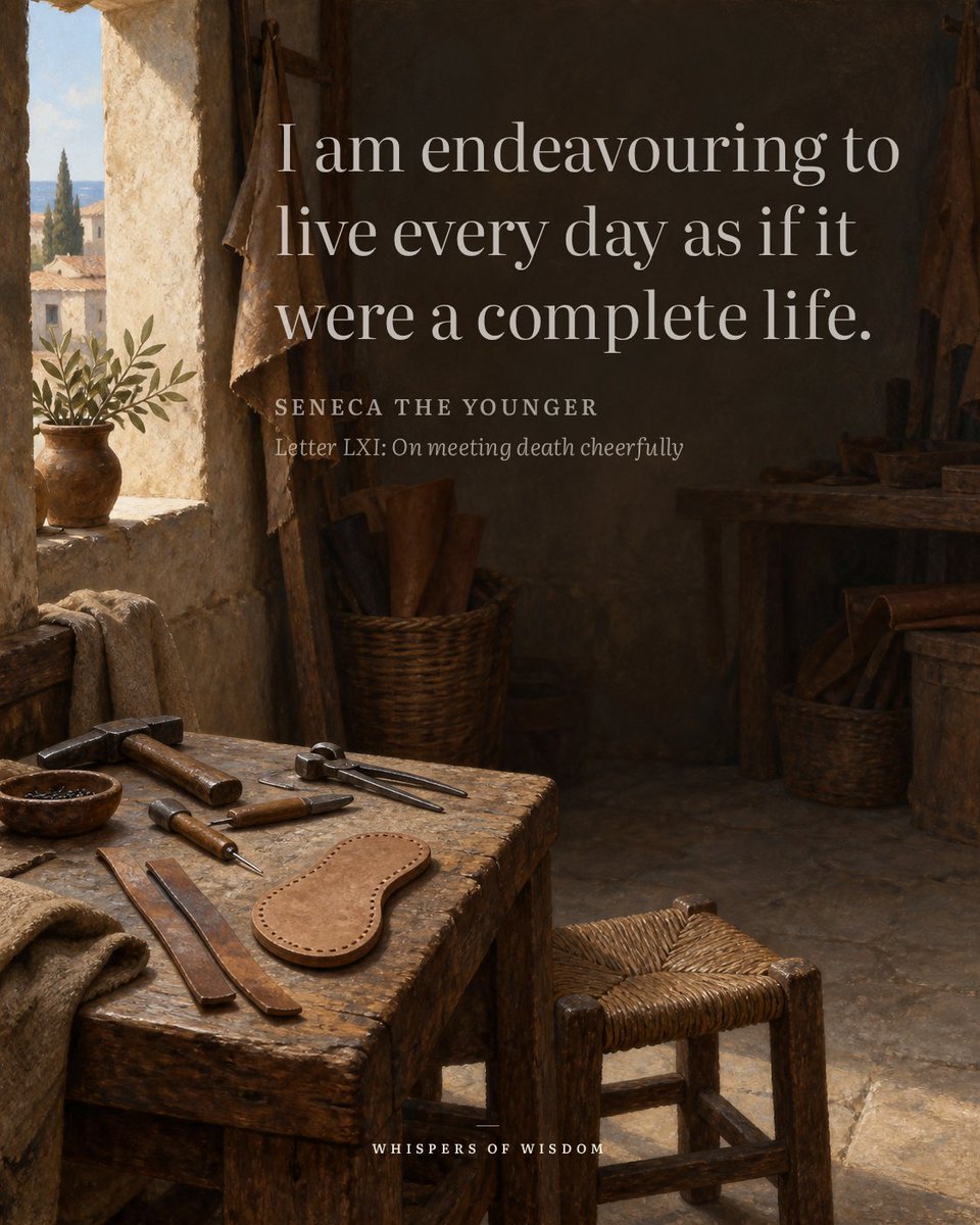 WisdomOfWhisprs's tweet photo. A complete life doesn’t mean a finished one. Seneca isn’t suggesting we rush to the end. He means giving the day its full weight—its work, its rest, its small obligations—as if it needed nothing from tomorrow. Procrastination usually hides behind the idea that today is just a rehearsal. But it isn’t. The hard thing you’re avoiding is part of this day’s completeness. Not a burden to survive, but a piece of the whole. So you start where you are. Not because it guarantees a better future, but because this day, right now, is already your life.

“I am endeavouring to live every day as if it were a complete life.”
— Seneca the Younger