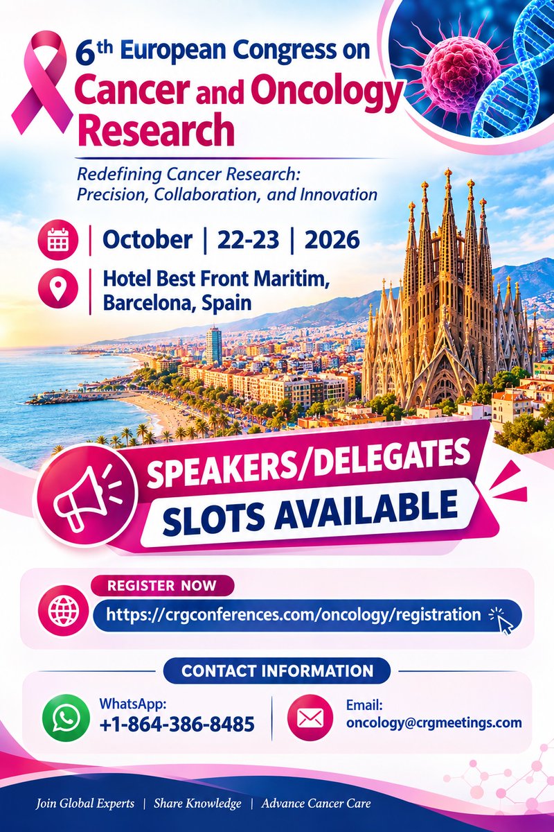 Coalesce_Groups's tweet photo. 🧬 SPEAKER & DELEGATE SLOTS AVAILABLE 🧬
📅 October 22–23, 2026
📍 Hotel Best Front Maritim, Barcelona, Spain
📱Connect: +1-864-386-8485
📧Email: oncology@crgmeetings.com
#Oncology2026 #CancerResearch #OncologyConference #CancerResearchConference #Oncology #CancerScience https://t.co/wVVDGOtEp9