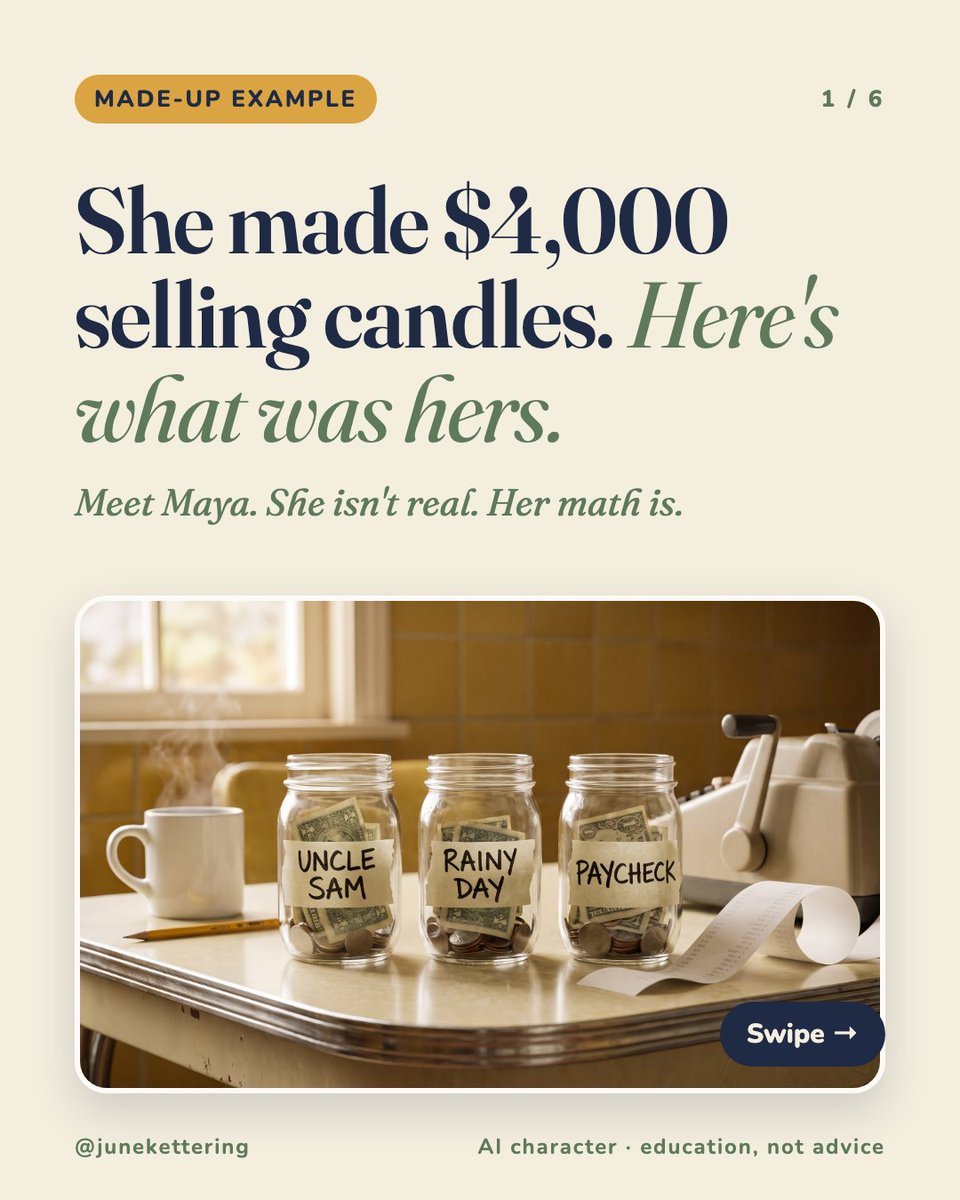 junekettering's tweet photo. $4,000 profit selling candles.

$1,000 → taxes
$600 → slow-month cushion
$2,400 → her actual paycheck

What's your side hustle? I'll do the jars. (Hypothetical. Not tax advice.) https://t.co/RXV7vFlCU6