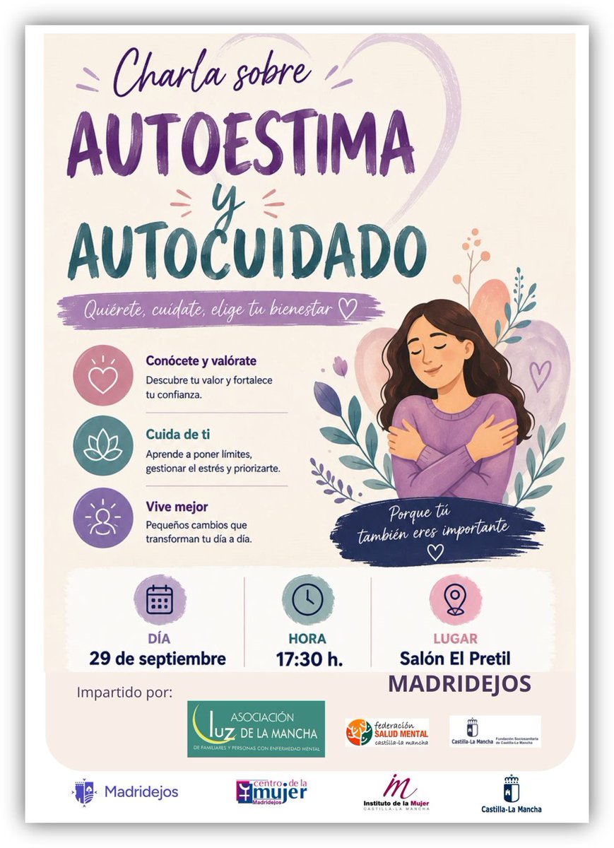 AytoMadridejos's tweet photo. ‼️ RECUERDA ‼️
🎙 Charla sobre autoestima y autocuidado
🗓 Martes 29 de septiembre
⌚️ 17:30 horas
📍 Salón de actos El Pretil
👉 Impartida por Asociación Luz de la Mancha
#madridejos
#charla #autoestima #autocuidado https://t.co/MoATIBoqY7