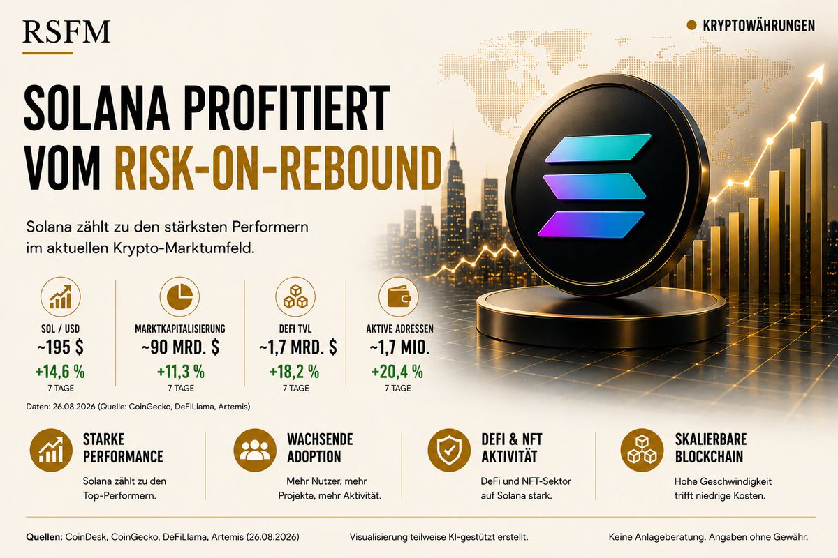 RSFM_Official's tweet photo. ◉ SOLANA PROFITIERT VOM RISK-ON-REBOUND

Solana gehört aktuell zu den stärkeren Performern im Kryptomarkt.

Doch der spannendere Punkt ist nicht nur der Kurs.

Parallel entwickelt sich das Netzwerk auf mehreren Ebenen weiter:

→ steigende Aktivität im Ökosystem
→ hohe Nutzung im DeFi-Sektor
→ wachsende Zahl aktiver Adressen
→ schnelle und kostengünstige Blockchain-Infrastruktur

Genau diese Kombination macht Solana in einem Risk-on-Umfeld besonders interessant.

Denn sobald Kapital wieder stärker in Krypto fließt, profitieren häufig jene Netzwerke überproportional, die bereits über Liquidität, Nutzer und ein aktives Ökosystem verfügen.

Bei Solana treffen derzeit mehrere dieser Faktoren zusammen.

DeFi, Trading, Payments und weitere Onchain-Anwendungen sorgen dafür, dass SOL längst nicht mehr ausschließlich eine Wette auf steigende Kryptokurse ist.

Es geht zunehmend um die Frage, welche Blockchain einen relevanten Teil der nächsten Onchain-Wirtschaft abwickeln kann.

Der entscheidende Test beginnt deshalb erst jetzt:

Kann Solana die steigende Aktivität halten, wenn sich das Marktumfeld weiter verbessert?

Sollte das gelingen, könnte SOL zu den Assets gehören, die von einer breiteren Rückkehr des Risikoappetits besonders stark profitieren.

Nicht nur der Kurs entscheidet.

Entscheidend ist, ob die fundamentale Aktivität dem Kurs folgt.

#Solana #SOL #Krypto